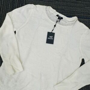 DKNY Womens White Rhinestone Embellished Crew Neck Long Sleeve Sweater Size‎ L